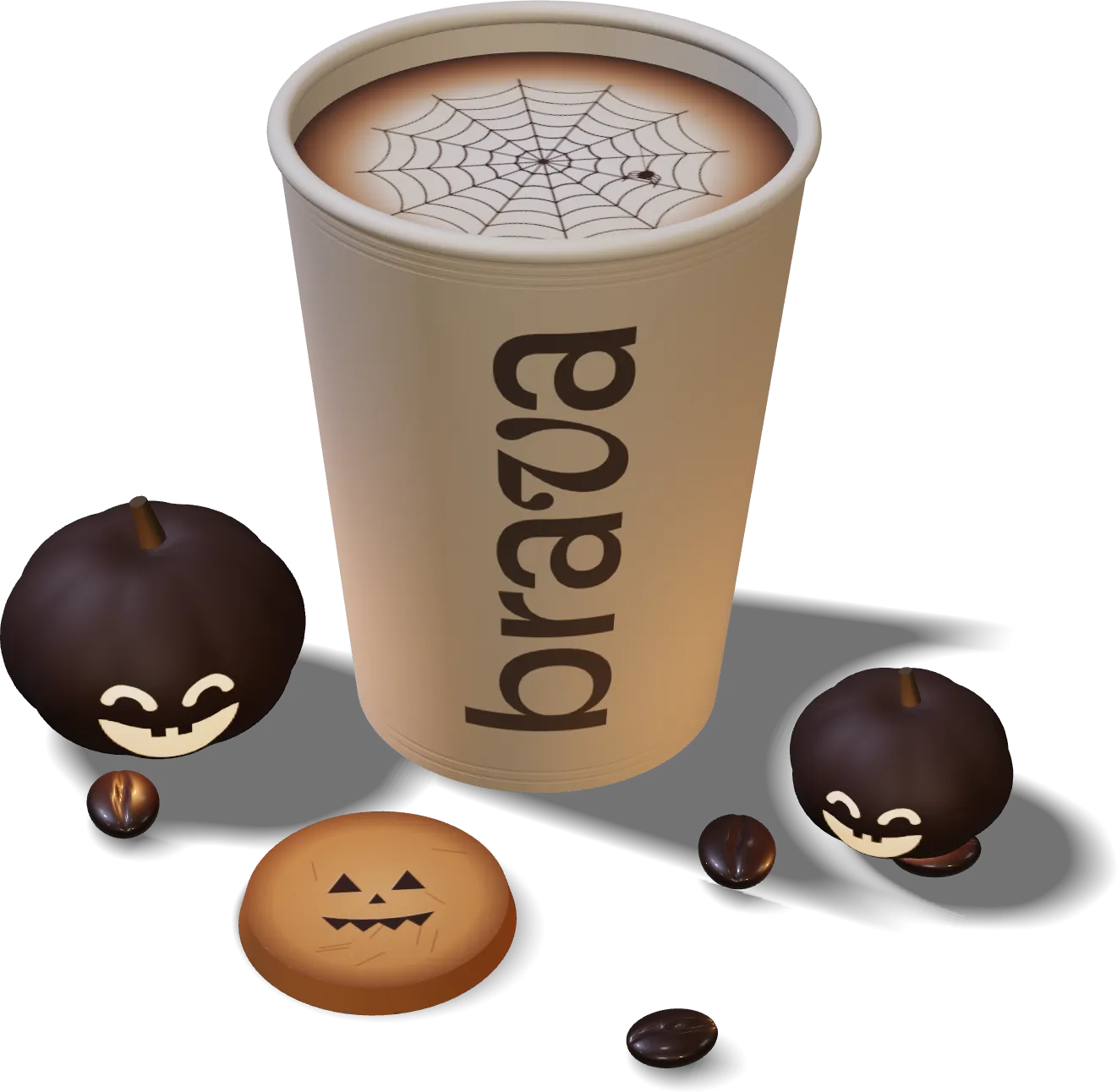 Combo Halloween: vaso Brava con latte art de telaraña y cookie con cara de calabaza